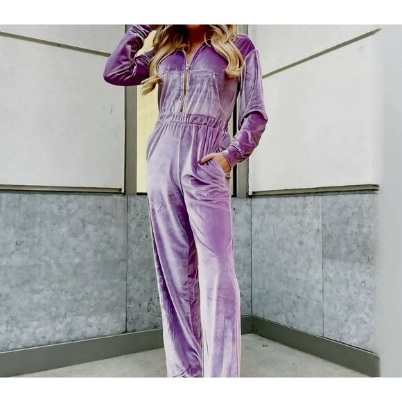Fabletics Womens Long Sleeve Purple Wide Leg Zip-Up Velour Jumpsuit XXL Pockets - Picture 1 of 13